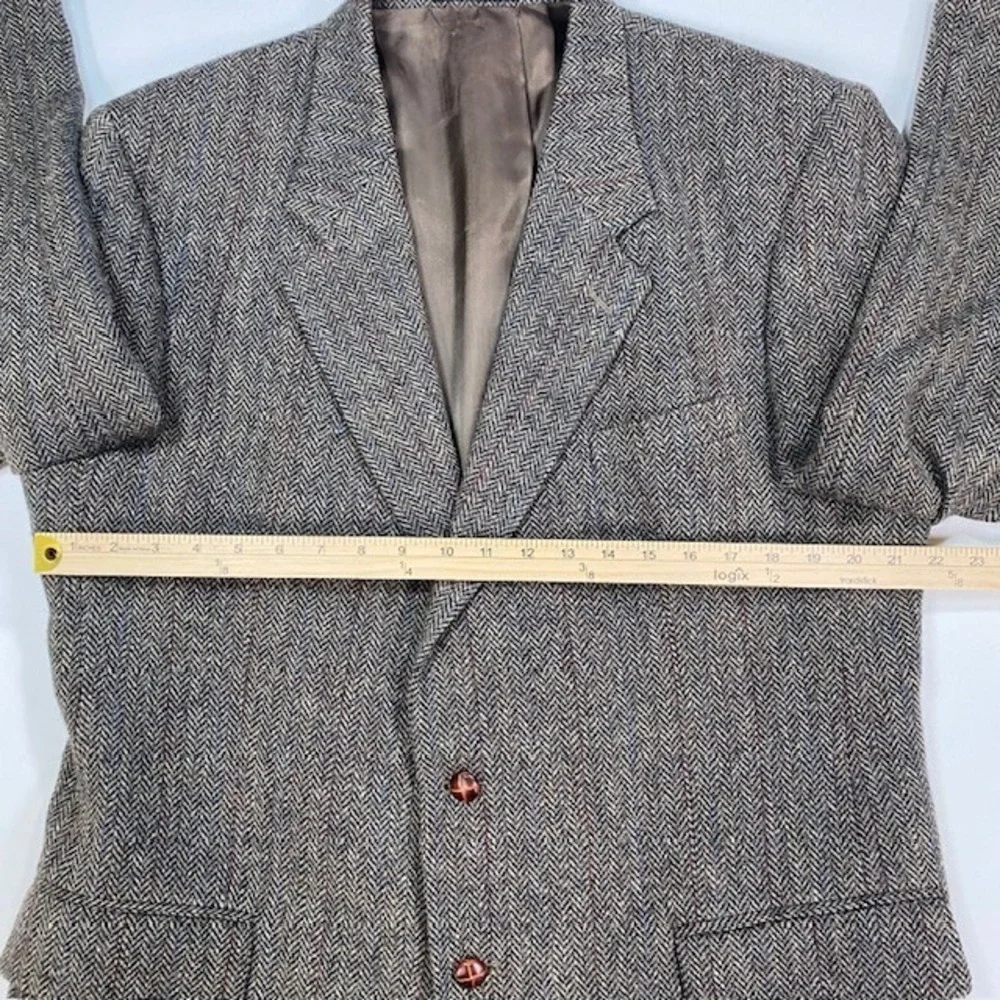 Mens 44L Brown Tweed Herringbone 100% Wool Blazer Jacket English Manor - Picture 4 of 15